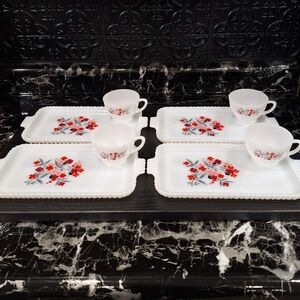 8pcs Vintage Fire King Primrose Milk Glass Snack Set, Snack Plates And Mugs, MCM